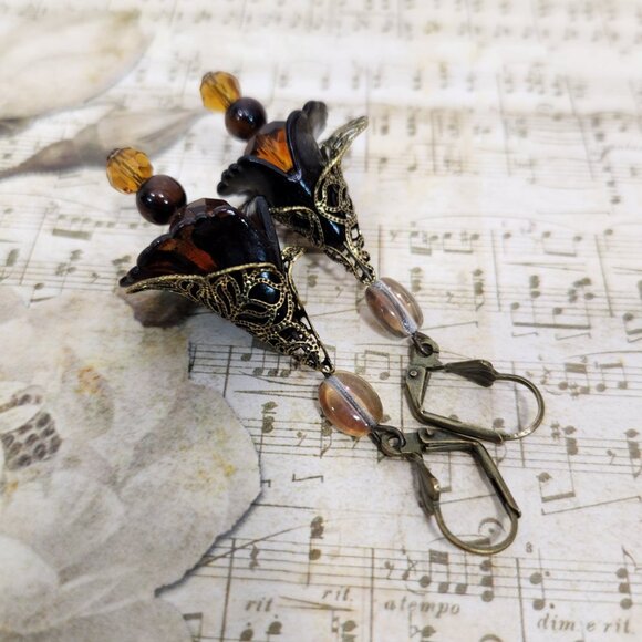 Dark Brown Hand Painted Lucite Flower Earrings, Crystal, Filigree Antique Bronze - Picture 2 of 3